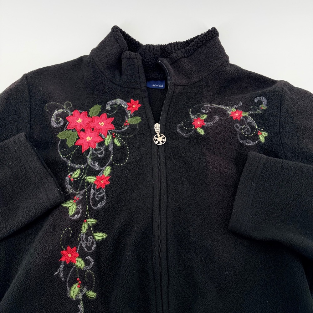 Basic Editions Poinsettia Floral Fleece Jacket Full Zip Holiday Black Large